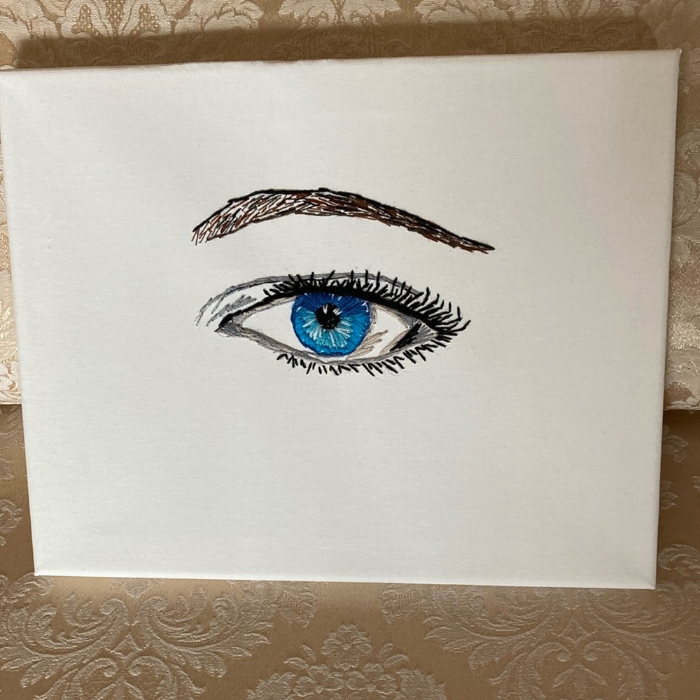 NEW hand embroidered blue eye wall art, 8 inches by 10 inches